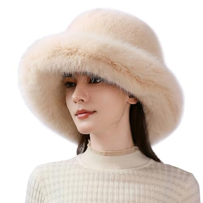 Dikoaina Faux Fur Bucket Hat for Women Girl – Oversized Brim, Super Soft & Fluffy Winter Hat - color: Beige