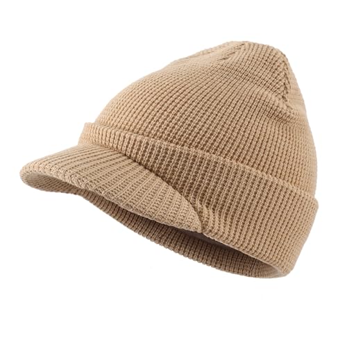 Home Prefer Mens Wool Blend Winter Hat Double-Layer Warm Knit Pre-Curve Visor Beanie Brimmed Beanies Hat for Men Women - color: Khaki