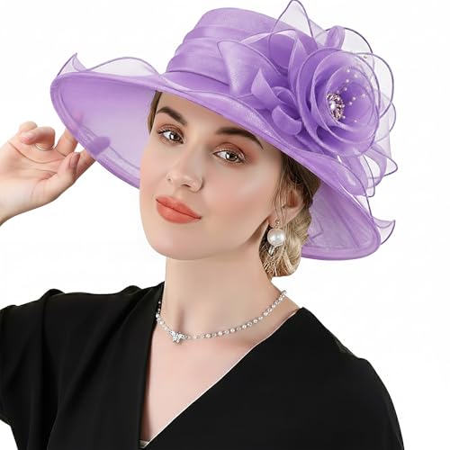 DRESHOW Women Organza Hat Church Cap Hats Clearance Kentucky Derby Cocktail Tea Party Wedding Flower Hat with Wide Brim - color: Flower Hat: Purple