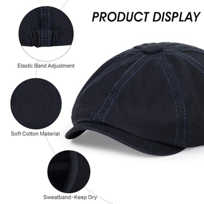 Newsboy Cap for Men Cotton 8 Panel Men's Flat Cap - color: Black+navy, size: One Size