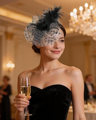 Zinniday Victoria Fascinators Hats for Women - 2026 Kentucky Feather Mesh Derby Hat 1920s Tea Party Headwear for Church - color: Black