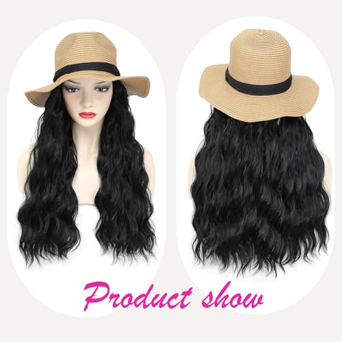 Hat Wig Panama Hat with Black Long Wave Hair Attached for Women Khaki Color Wide Brim Straw Beach Sun Hat Wig - color: K-black