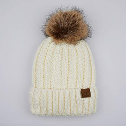 C.C Exclusives Fuzzy Lined Knit Fur Pom Beanie Hat (YJ-820) - color: Ivory
