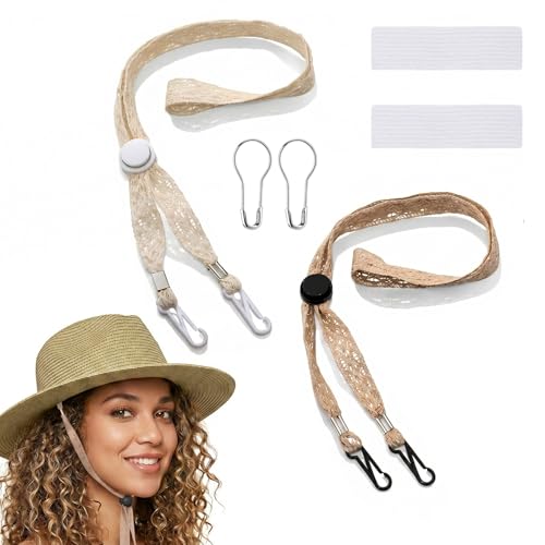 2PCS Adjustable Hat Strap Clips, Sun Hats Chin Strap Replacement, Windproof Adjustable Wide Lace Chin Cord for Sun Hats, Fisherman Hats, Boonie Hat, Wide Brim Fishing Hat Beige, Black