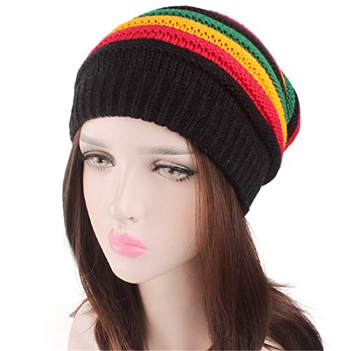 Qhome Fashion Bob Marley Jamaican Reggae Cap Multi-Colour Striped Rasta Hat Slouchy Baggie Beanie Skullies Gorro Rasta Women