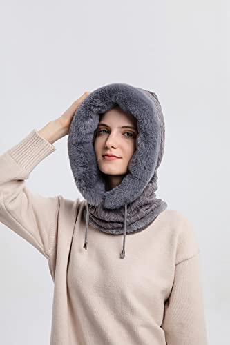 Womens Winter Hats, Warm Hooded Scarf Hat for Women, Fleece Beanie Hat with Drawstring, Balaclava Knit Skull Cap - color: Grey