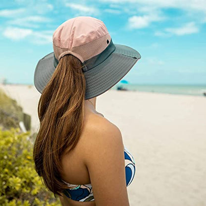 Women's Outdoor-UV-Protection-Foldable-Sun-Hats-Wide-Brim Hat Ponytail-Hole - color: Pink