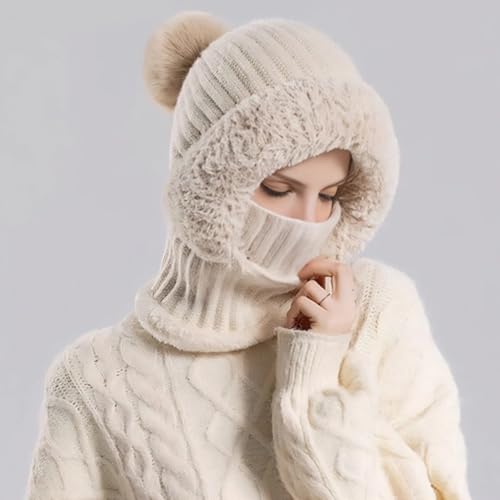 Women’s Knitted Beanie Hat with Face Cover - 3 in 1 Winter Balaclava with Mask Scarf Ear Muffs Pompom Fleece Lined Snow Caps - color: Beige-a