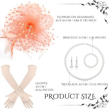 Yaomiao 5 Pcs 1920s Tea Party Accessories Fascinator Hat Gloves - color: Champagne