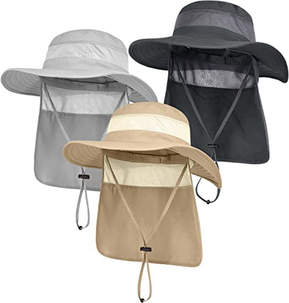 3 Pack Mens UPF 50+ Wide Brim Sun Hat with Neck Flap for Fishing Hiking Garden - color: 3 Pack Dark Grey＆light Grey＆khaki