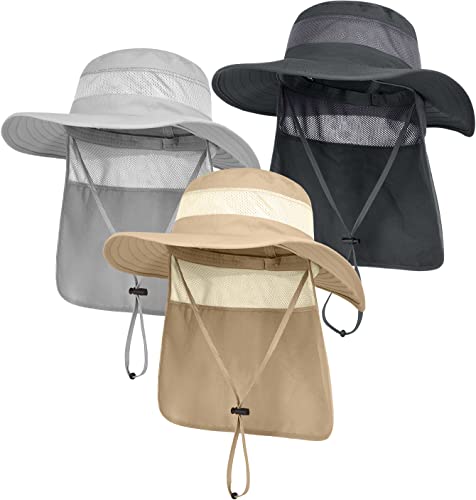 3 Pack Mens UPF 50+ Wide Brim Sun Hat with Neck Flap for Fishing Hiking Garden - color: 3 Pack Dark Grey＆light Grey＆khaki