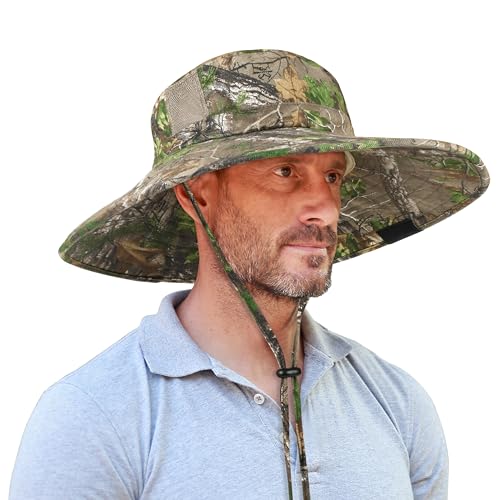 Men Safari Sun Hat Wide Brim Boonie Fishing Cap with Adjustable Drawstring - color: Deciduous Woodland Camo
