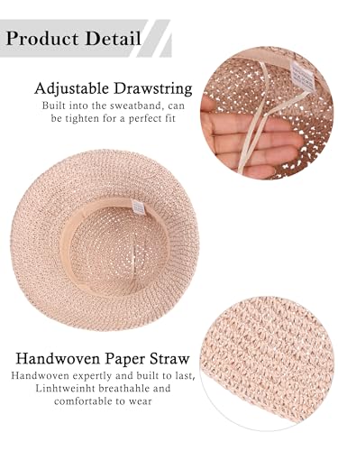 Womens Sun Hat Handmade Crochet Straw Bucket for Summer Foldable Travel Cap - color: Pink