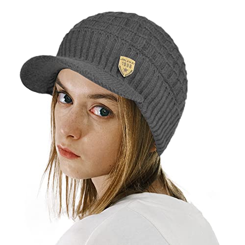 Women's Soft Knitting Visor Beanie Winter Hat with Brim Fleece Lining Baseball Cap - color: Gray