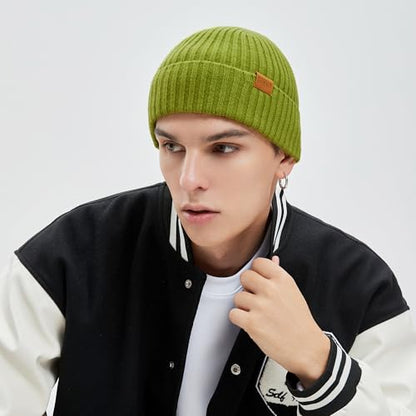 100% Merino Wool Fisherman Beanie Hat, Unisex Warm Winter Hats, Soft Breathable Knitted Short Cuffed Cap - color: Lemon Green
