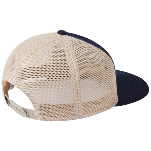 BASSDASH Flat Brim Trucker Cap Adjustable Snapback Hat Mesh Back for Men Women - color: Dark Blue Fish Maple