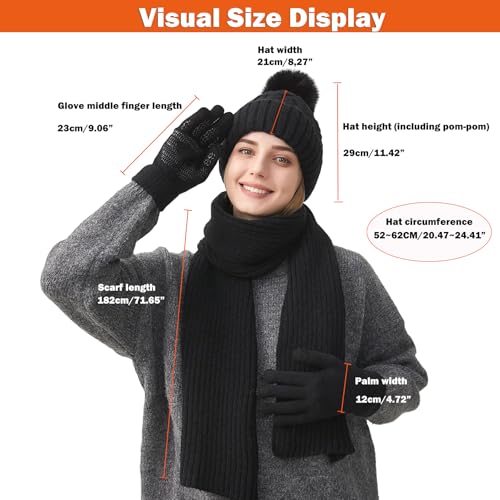 HUAMULAN Women Winter Knit Beanie Hat Circle Scarf Set Pompoms Ear Flaps - color: Black With Scarf and Gloves
