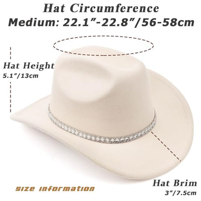 DRESHOW Western Cowboy Hat for Women and Men Wide Brim Glitter Cowboy Cowgirl Hat with Rhinestone Felt Fedora Hats - color: 1 Pack Style 10: Off-white