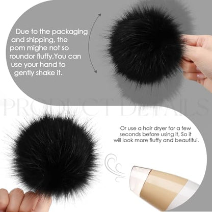Juinte 4 Pcs 6 Inch Large Fur Pom Pom Balls for Hats, Light Black - color: Light Black