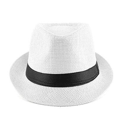 FALETO Unisex Summer Panama Straw Fedora Hat Short Brim Beach Sun Cap Classic - color: #01 White