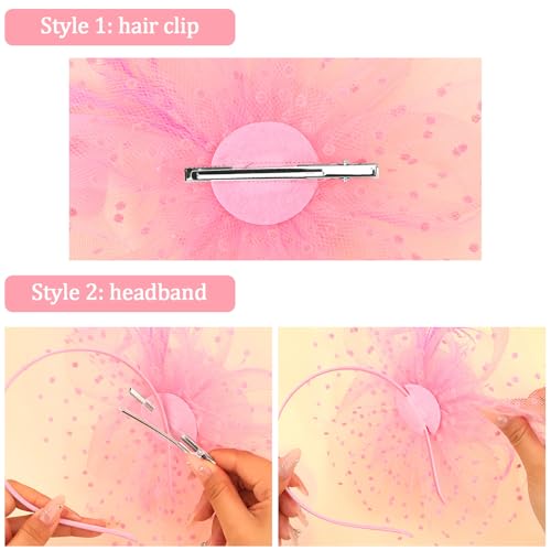 Womens Fascinators Hats and Gloves Set Short Lace Gloves Tea Party Flower Mesh Hair Clips - color: Pink