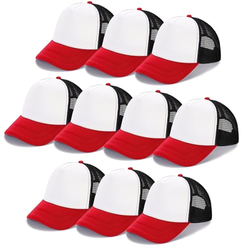 Ultrafun 10 Pack Trucker Hat Mesh Sublimation Blank Hats Adjustable Baseball Caps Hats for Men Women - color: Red Black White