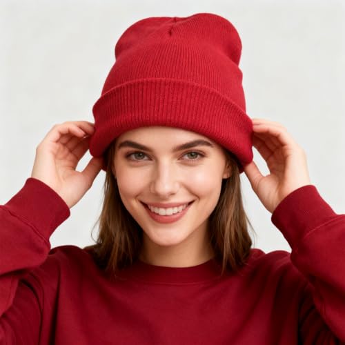 ZOORON Beanie for Men Women Warm Winter Hat Unisex Soft Knit Cuffed Beanie - color: Red1