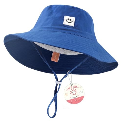 Kids Sun Hat Smile Face Bucket Hat Toddler Hat Wide Brim Adjustable Strap - color: Blue, size: 3-8T