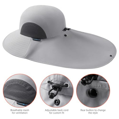 UPF 50+ Foldable Sun Hats Wide Brim with Large Neck Flap for Men Women UV Protection Gardening Fishing Beach Hat - color: Pack of 2, Beige & Light Grey