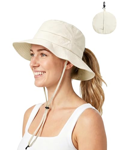 Womens Ponytail Sun Hat UPF50+ Waterproof Bucket Hat Packable Beach Hat - color: Begie