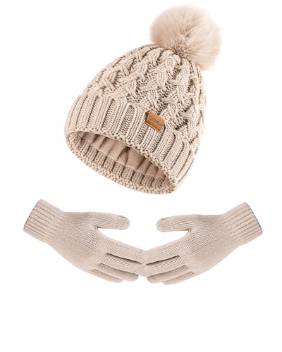 Women Winter Beanie Hat Gloves Set Pom Hat with Warm Fleece Lined Touchscreen Gloves for Cold Weather - color: Oats