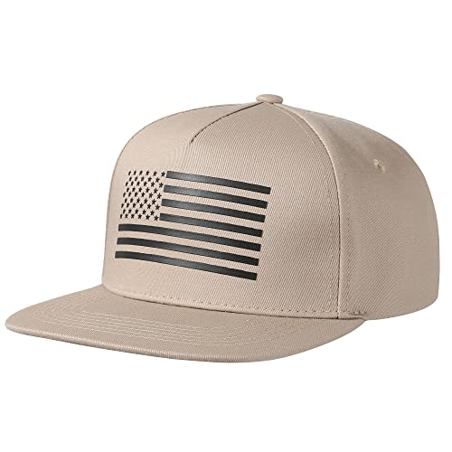 UALON Baseball Cap, Snapback Trucker Hat for Men & Women with American Flag and Adjustable, Breathable Mesh, Flat Bill Hats - color: Khaki