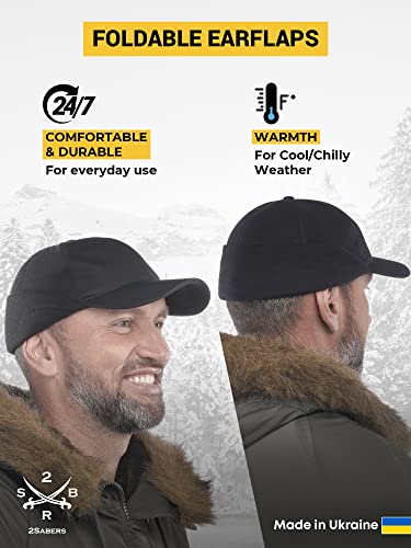2SBR 2SABERS Mens Winter Hat with Earflaps and Visor - Warm Trucker Baseball Cap Hat - color: Black, size: Small