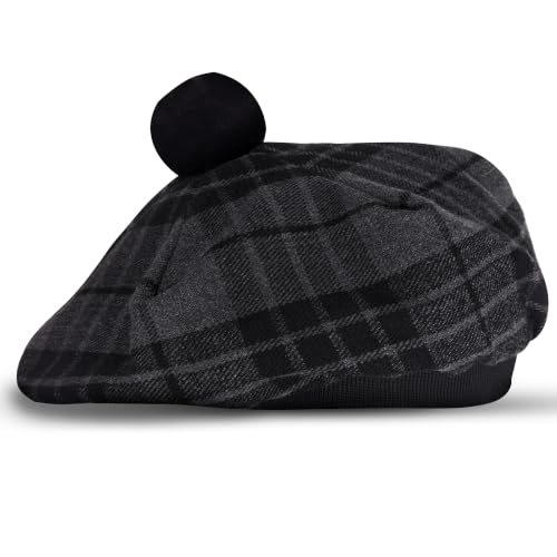 Scottish Tam O’ Shanter Hat Tartan Bonnet Pom Pom Wool Flat Cap One Size - color: Grey Watch Night 021tcp