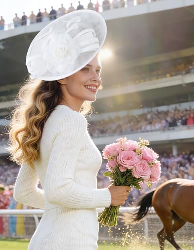 Unpifolov Fascinators Hats Elegant Women Flower Mesh Feathers Wedding Cocktail Bride Headband for Derby Hat Tea Party - color: White