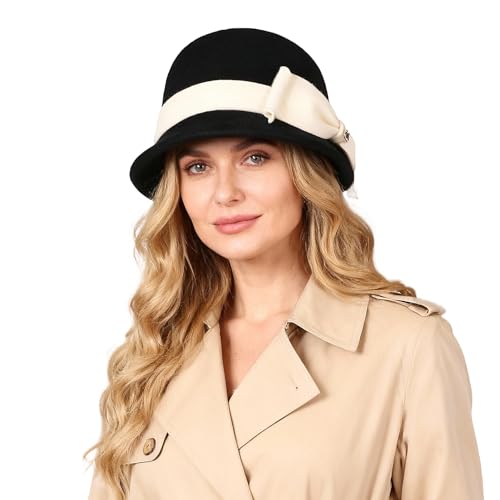 Women Solid Color 100% Wool Winter Hat Women Cloche Bucket Bowler with Bowknot - color: Black With Cream Bow