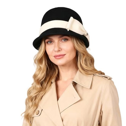 Women Solid Color 100% Wool Winter Hat Women Cloche Bucket Bowler with Bowknot - color: Black With Cream Bow