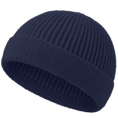 Short Beanie for Men Women, Wool Knit Cuff Winter Fisherman Hats - color: 1pcs-navy Blue