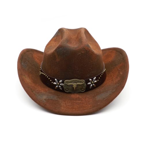 Western Cowboy Hat for Men Cowgirl Hat for Women Wide Brim Felt Fedora Hats Classic Cowboyhat with Buckle Belt - color: Rusty Coffee