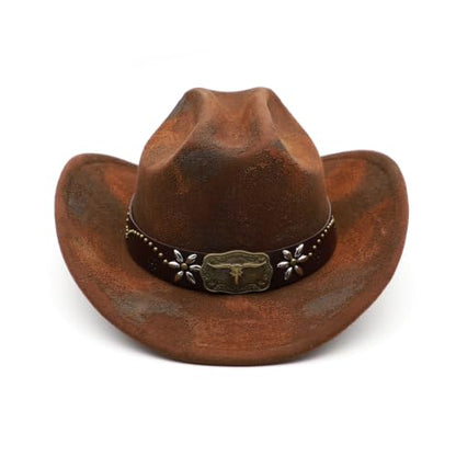 Western Cowboy Hat for Men Cowgirl Hat for Women Wide Brim Felt Fedora Hats Classic Cowboyhat with Buckle Belt - color: Rusty Coffee