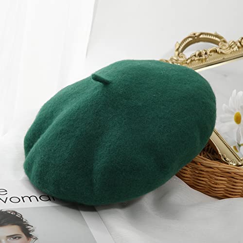 Women French Wool Beret Hats - Solid Color Classic Beanie Winter Cap - color: Blackish Green