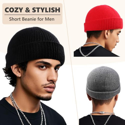 Thin Short Fisherman Beanies for Men,Wool Watch Cap Trawler Beanie Hats for Men Women Black