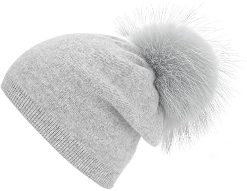 Women's Double Layer Winter Slouchy Knit Beanie Hat with Real Fur Pom Pom - color: Grey Pom 1