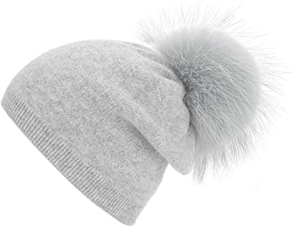 Women's Double Layer Winter Slouchy Knit Beanie Hat with Real Fur Pom Pom - color: Grey Pom 1