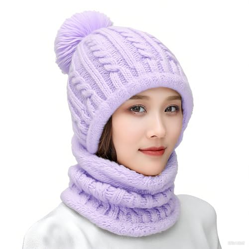 HUAMULAN Women Winter Knit Beanie Hats One Piece Fleece Lined Balaclavas - color: Light Purple