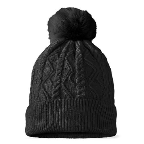 DALIX Cable Knit Pom Beanie Soft Stretch Skully Warm Fuzzy Faux Sherpa Winter Ski Beanie - color: Black