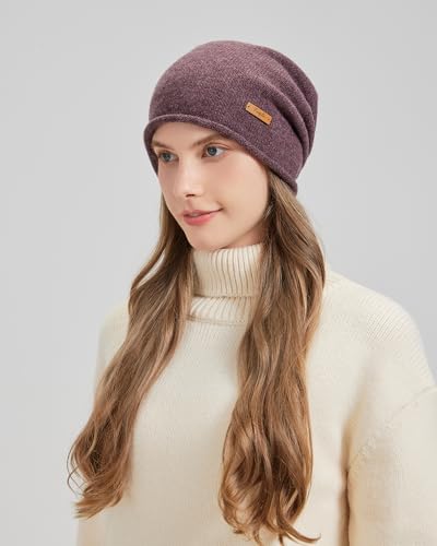100% Merino Wool Slouchy Beanie Hat, Women Warm Winter Caps Soft, Ladies Breathable & Cozy Stretchy Knitted Skull Cap - color: Purple