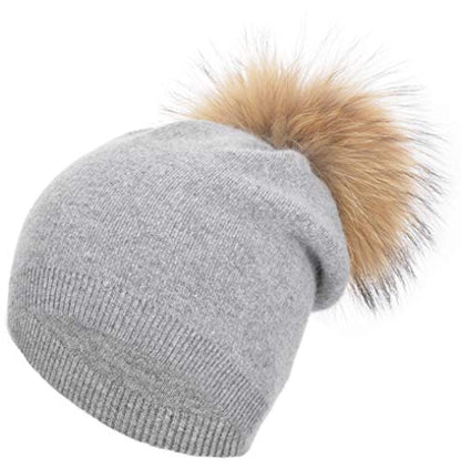 Women's Real Fur Pom Pom Cashmere Wool Blend Winter Slouchy Knit Beanie Hat with Real Pom Pom Beanie Hat - color: Grey