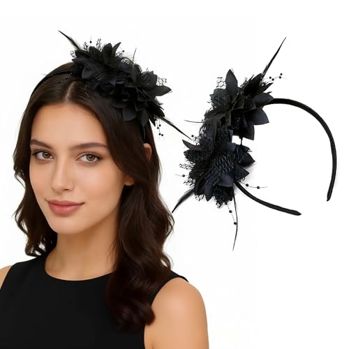 Fascinators for Women Ribbon Feather Tea Party Headwear - color: Black