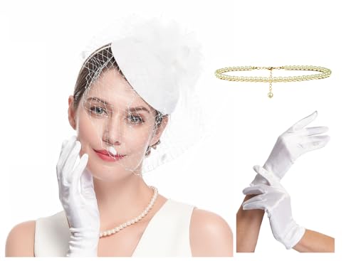 Fascinator Hats for Women 20s 50s Vintage Pillbox Hat Kentucky Derby Fascinators Flower Veil Wedding Tea Party Hat - color: 1-white Set-1